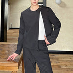 Striped Crew Neck Suit Jacket and Flared Trousers Two-piece Suit