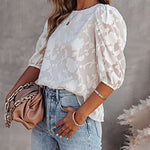 Zeagoo Five Quarter Sleeves Puff Sleeves Round Neck Top Chiffon Loose Flower Texture Casual Shirt
