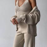 Zeagoo Women's Chic V-neck Knitted Three-piece Set Sleeveless Crop Vest and Sweater Cardigan & Solid Wide Leg Pants
