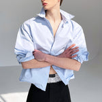 Blue Cotton Bent Shape Slim Fit Short Shirt