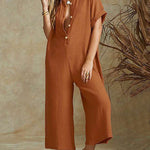 Short Sleeve V Neck Jumpsuit Button Down Turndown Collar Wide Leg Jumpsuit