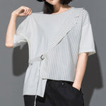 Fake Two-piece Straight Lace-up Striped Patchwork T-shirt
