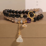 Buddha Stones Gold Sheen Obsidian Gray Agate Lotus Charm Strengthen Double Wrap Bracelet