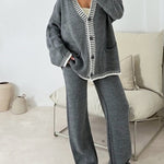 Zeagoo Women's Casual Two-pieces Outfits Contrast Trim Knitted Cardigan and Trousers Pants Sets