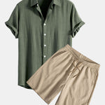 Linen Rayon Blend Button Up Shirt & Crinkled Textured Drawstring Shorts