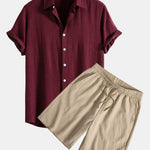Linen Rayon Blend Button Up Shirt & Crinkled Textured Drawstring Shorts
