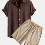 Linen Rayon Blend Button Up Shirt & Crinkled Textured Drawstring Shorts