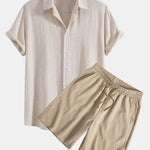 Linen Rayon Blend Button Up Shirt & Crinkled Textured Drawstring Shorts