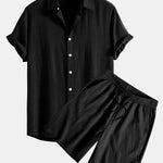 Linen Rayon Blend Button Up Shirt & Crinkled Textured Drawstring Shorts