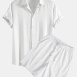 Linen Rayon Blend Button Up Shirt & Crinkled Textured Drawstring Shorts