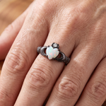 White Opal Claddagh Black Gold Ring