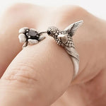 Hummingbird & Flower Ring – Adjustable Open Bird Ring for Women