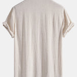 Short Sleeve V Neck Linen Rayon Blend Shirt & Linen Cotton Blend Drawstring Shorts