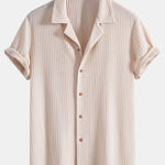 Short Sleeve Knitted Waffle Cuban Shirt & Crinkle Textured Straight Leg Pants