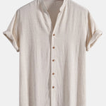 Short Sleeve V Neck Linen Rayon Blend Shirt & Wrinkle Textured Straight Leg Pants