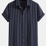 Cotton Blend Striped Button Up Shirt & Linen Drawstring Shorts