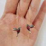 Golden Hummingbird Threader Earrings with Crystals